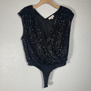 Black Sequin Bodysuit Women’s S V-Neck Glamour Night Life Party Whimsigoth